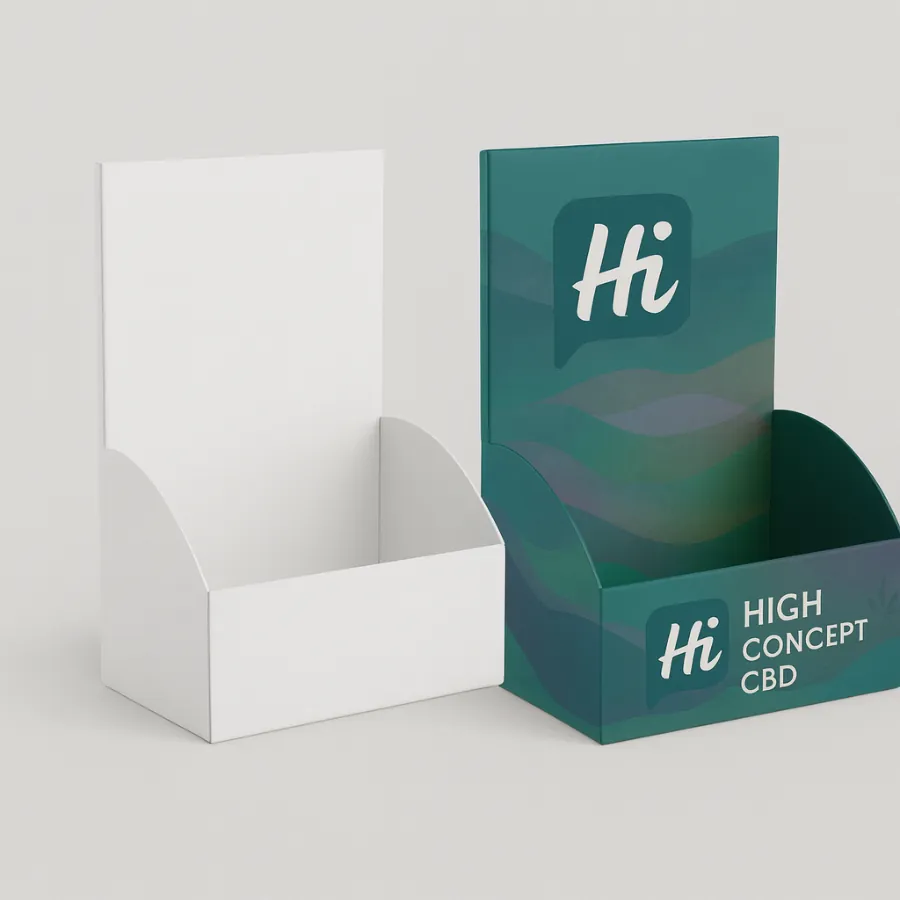 Two custom retail counter display trays- one plain white- one teal and green with -Hi- branding- class=